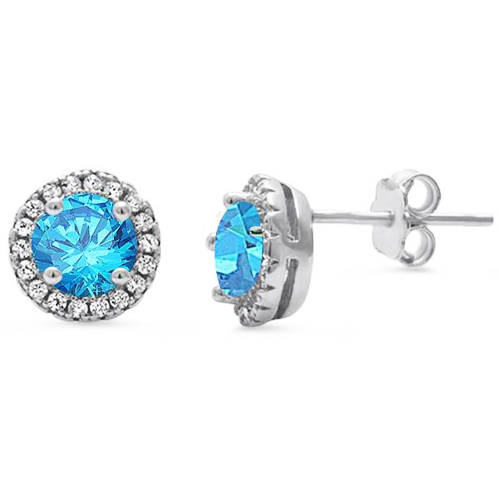 Blue Simulated Topaz Cubic Zirconia Round Halo stud Earrings Sterling ...