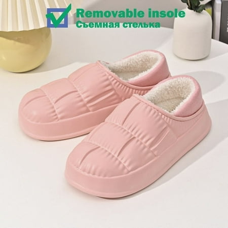 

QWZNDZGR Winter Fur Slippers Woman Waterproof Indoor Mules Slides Chunky Shoes For Women Embossed Thick Eva Slipper With Removable Insole