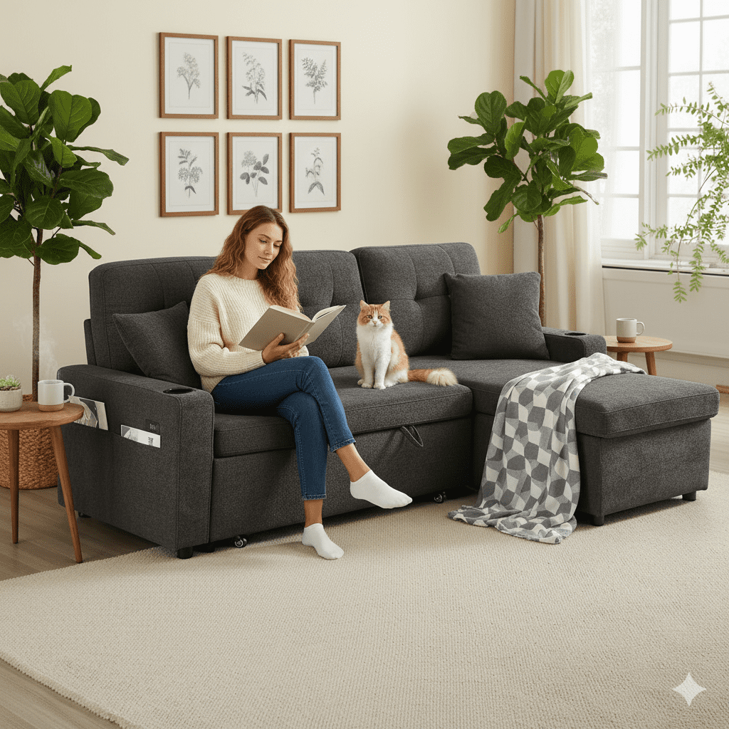 Convertible Sectional Sofa Bed, 82in Sleeper Sofa Bed with Storage Chaise for Living Room, Pull Out Couch L Shaped Sofa with USB Charging Port, Cup Holder, Removable Backrest, Teddy Fabric, Gray