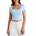 thumbnail image 2 of Michellecmm  Women Short Sleeve Crop Tops Solid Color U-Neck Casual T-Shirts, 2 of 9