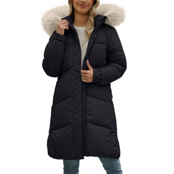 Breezora Women's Mid Length Down Cotton Padded Jacket with Large Collar Loose Knee Length Thick Winter Coat L Size Black