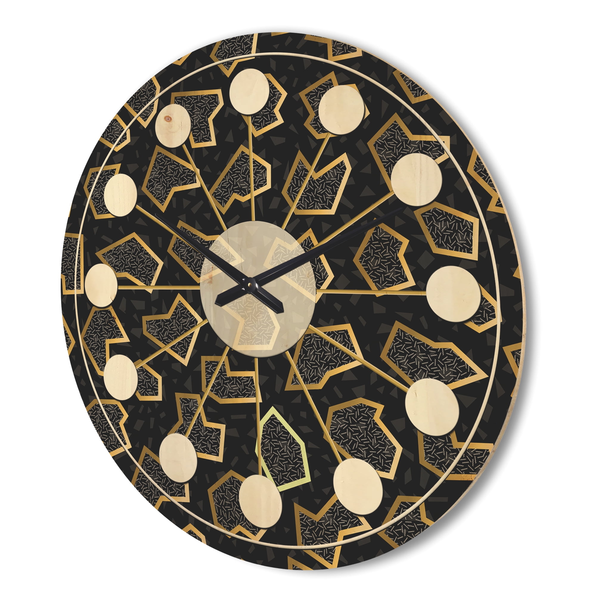 Designart 'Gold Shapes Retro Pattern' Mid-Century Modern Wood Wall Clock