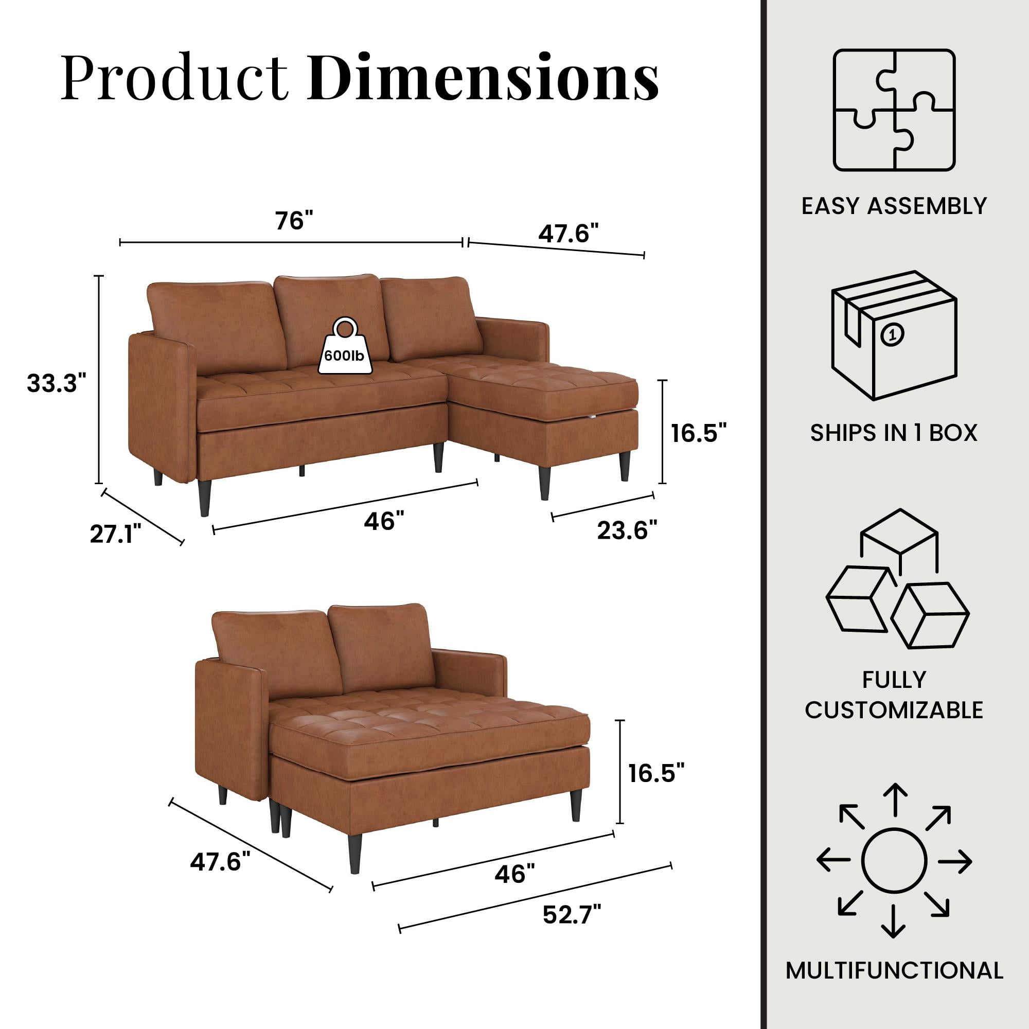 DHP Xandor Modular Sectional Sofa with Storage Chaise, Camel Faux Leather