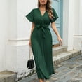 thumbnail image 4 of Womens Summer Ruffle Sleeves Long Dresses Casual V Neck Short Sleeve Smocked Maxi Dress Loose Swing Hem Pleated Dress, 4 of 9
