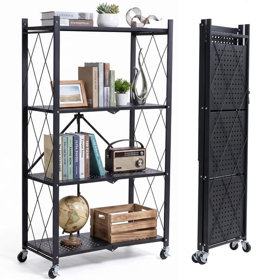 Behome 4 Tier Foldable Storage Shelves with Wheels, 28.1"x 13.4"x 50.2" Metal Shelving, No Assembly Storage Rack for Garage Kitchen, Basement, Pantry