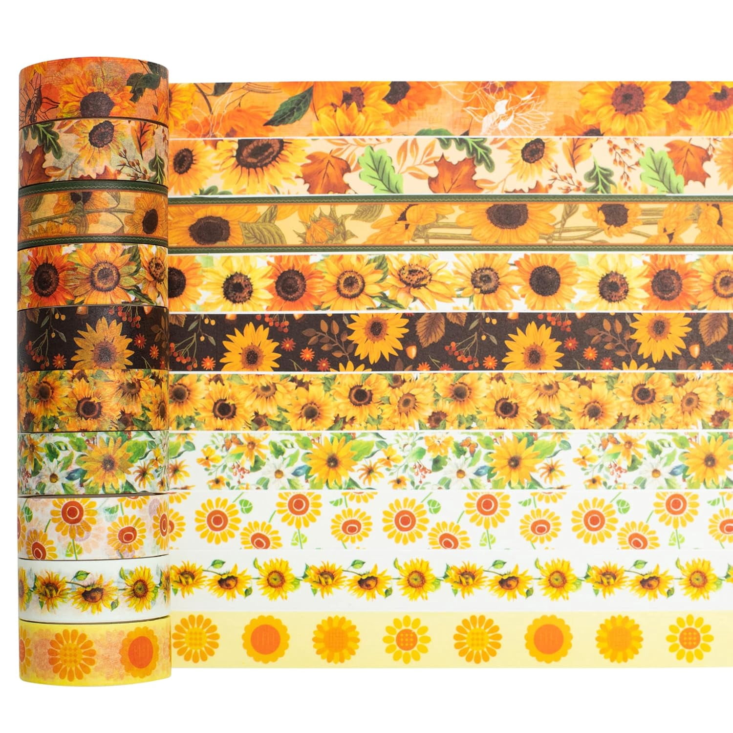 Sunflower Washi Tape Set 10 Rolls Floral Print Decorative Sun Flowers Masking Tapes for Arts, DIY Crafts, Journals, Planners, Scrapbook, Wrapping