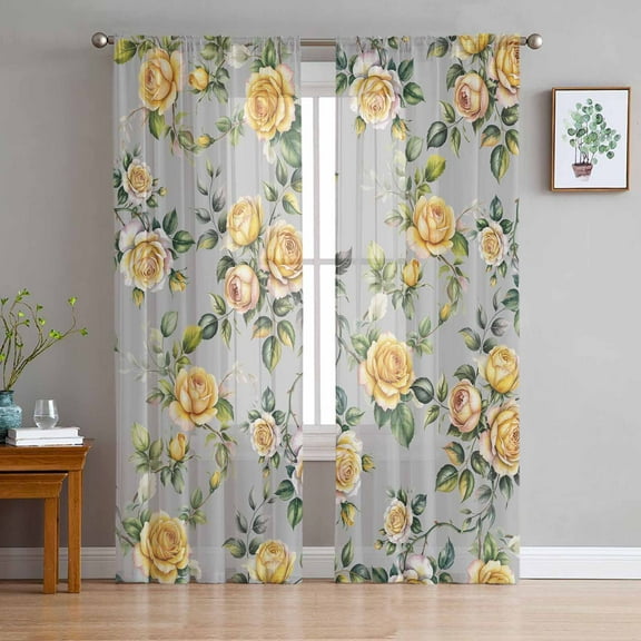 ERUNPONLY Yellow Rose Sheer Curtains 63 Inch Length 2 Panels Set, Vintage Country Botanical Floral Vines Voile Window Treatment Curtains Sheers Drapes for Bedroom/Living Room/Kitchen 52x"63"x2