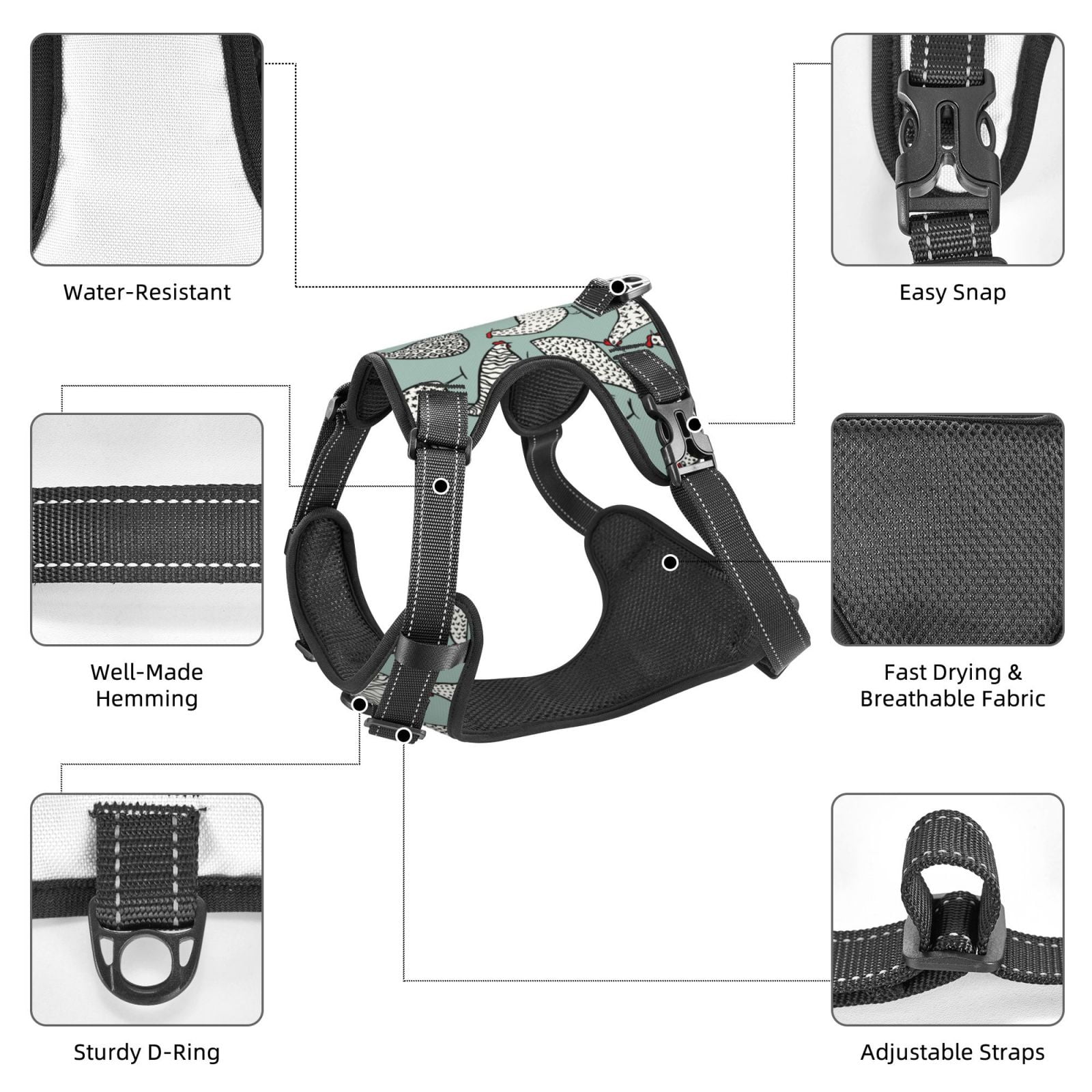 Vsdgher Hand Drawn Chickens Pattern Dog Harness,No Pull Pet Harness with Soft Padded Handle,Adjustable Reflective Vest with 2 Buckles,4 Slide Buckles,S-XL Small
