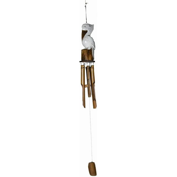 Hand Carved White Wood Pelican Wind Chime Wall Art Hang ON Wood Piling, Tropical Nautical Cottage Decor