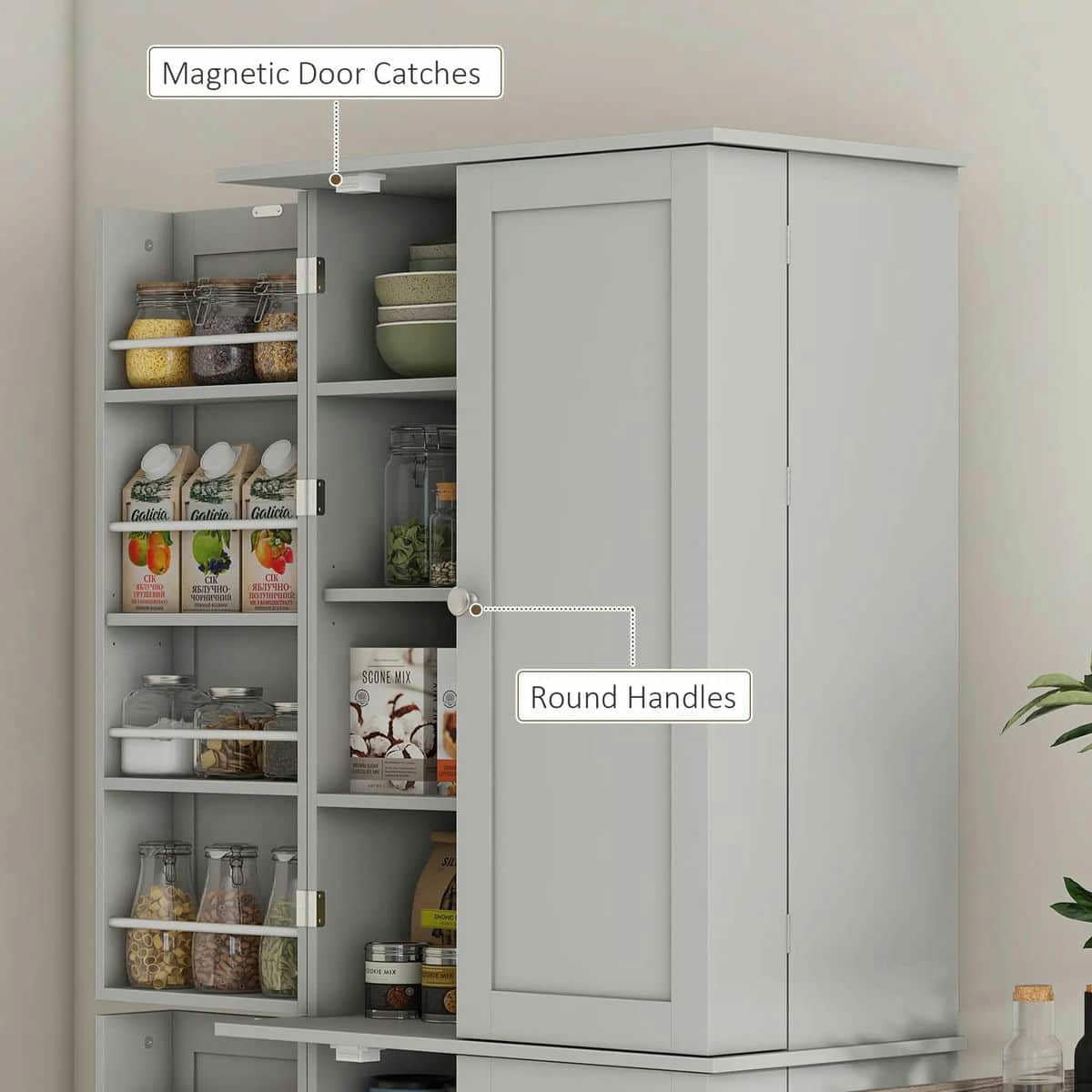 Spaco 65" Kitchen Cabinet, Kitchen Pantry Cabinet with 4 Doors and 16 Door Shelves, Storage Cabinet for Indoor as Dining Room, Gray