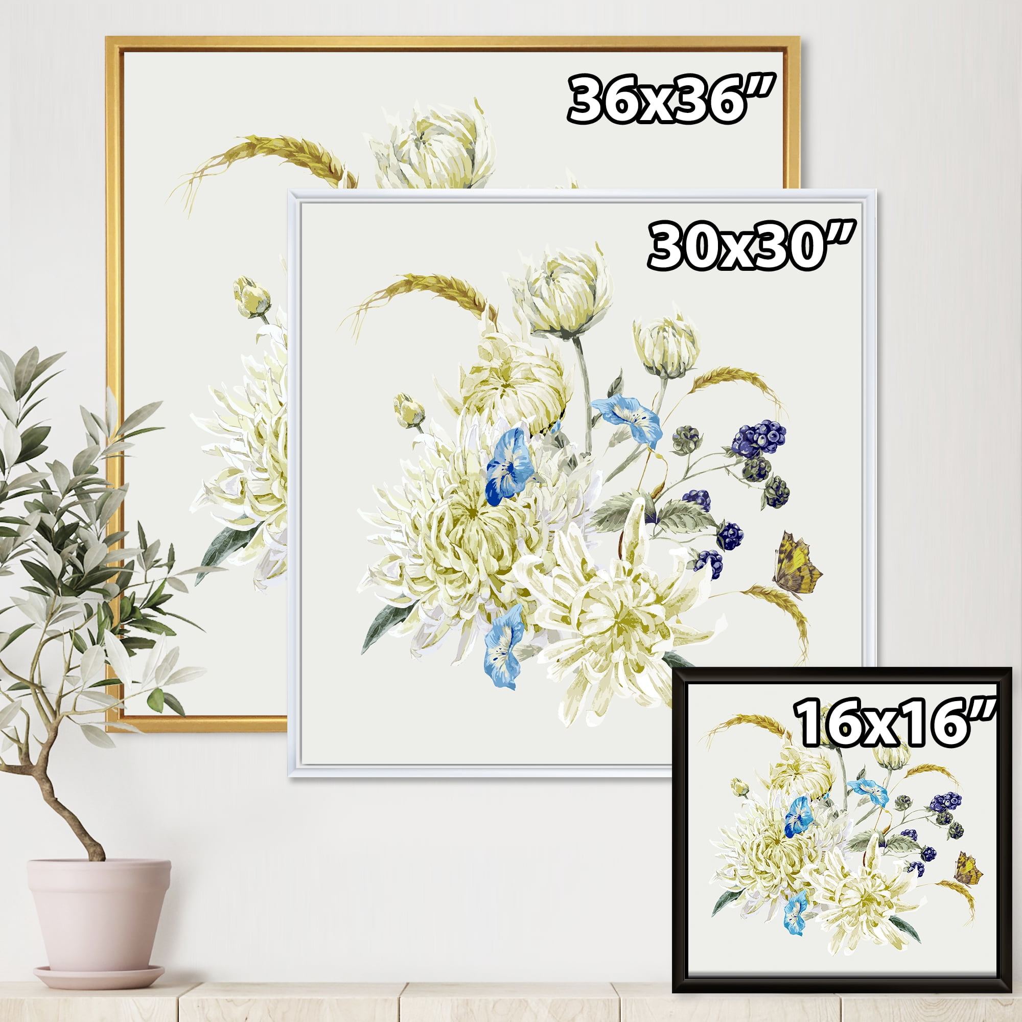 Ancient Chrysanthemums With Bouquet II 36 in x 36 in Framed Painting Canvas Art Print, by Designart