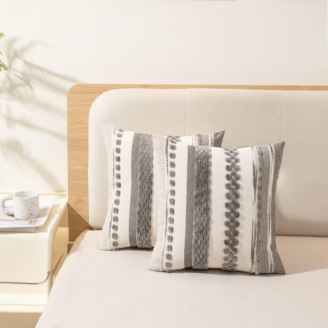 Boho Throw Pillow Covers 18x18 Set of 2 Farmhouse Decorative Cushion Case Striped Square Pillows Cover Chenille Pillow Cases Accent Neutral Pillowcase for Sofa Couch Bed