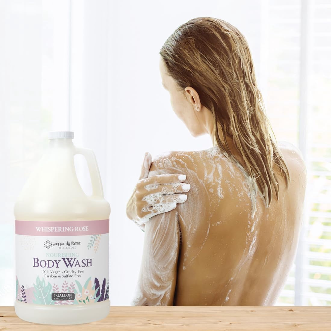 Ginger Lily Farms Botanicals Nourishing Body Wash, 100% Vegan & Cruelty-Free, Whispering Rose Scent, 1 Gallon (128 fl oz) Refill