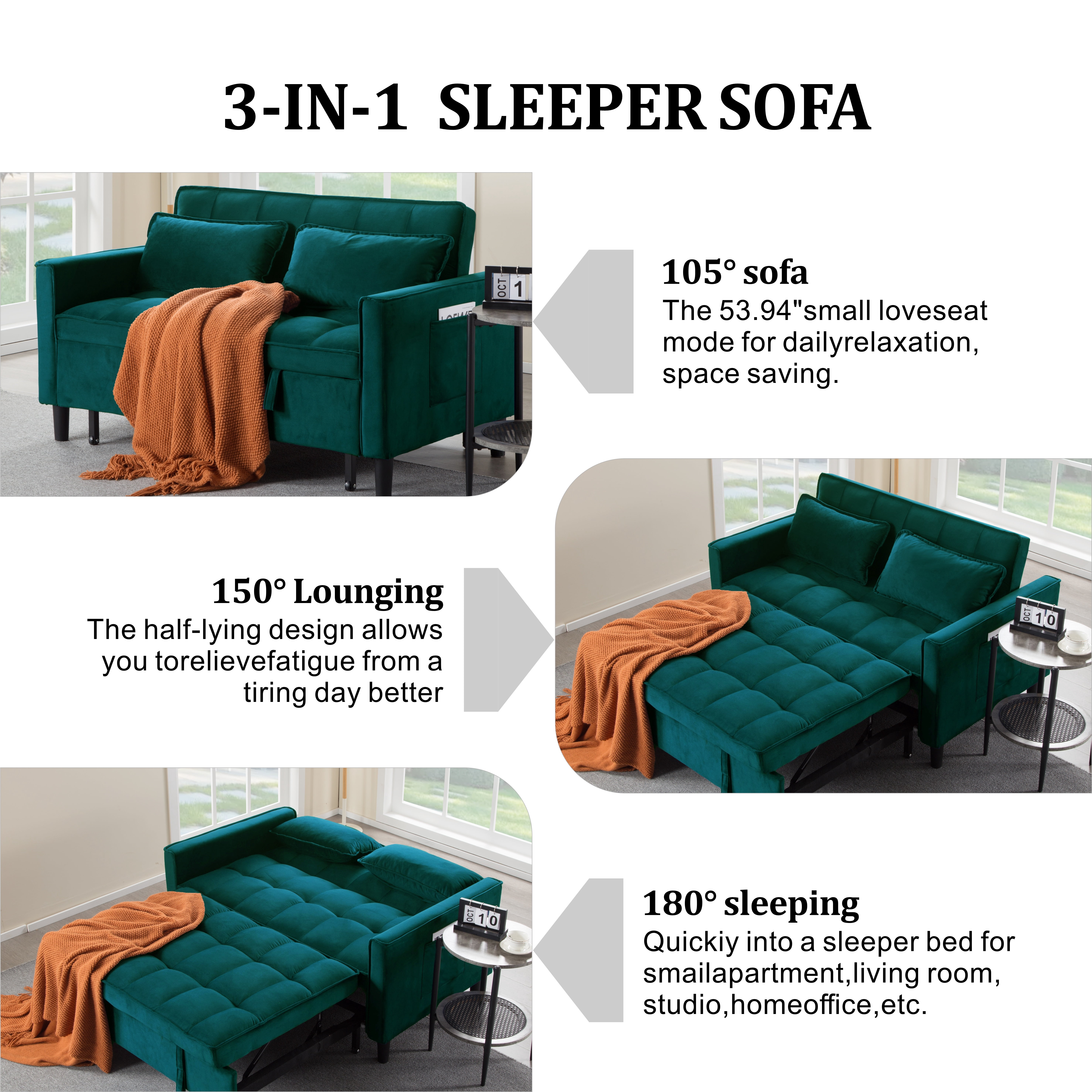 Gewnee 53.94" Pull-Out Sofa Bed – Convertible Twin Size Sleeper Bed,3 Adjustable Backrest Angles & Storage Side Pocket for Living Room,Office,Guest Room.Teal