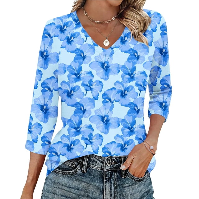Ounisa T-Shirts à Manches 3/4 pour Femmes Col en V Manches Raglan Chandail Imprimé Décontracté Tendance Printemps Été Mode Hauts P-2TG