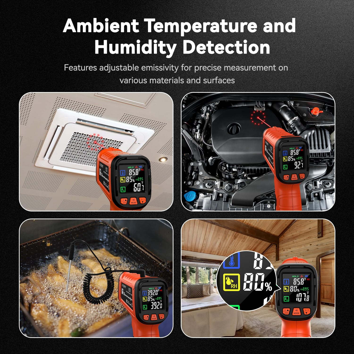-58°F to 1796°F Infrared Thermometer Gun 16:1 with K-Type Probe，Humidity Display，Industrial & Home