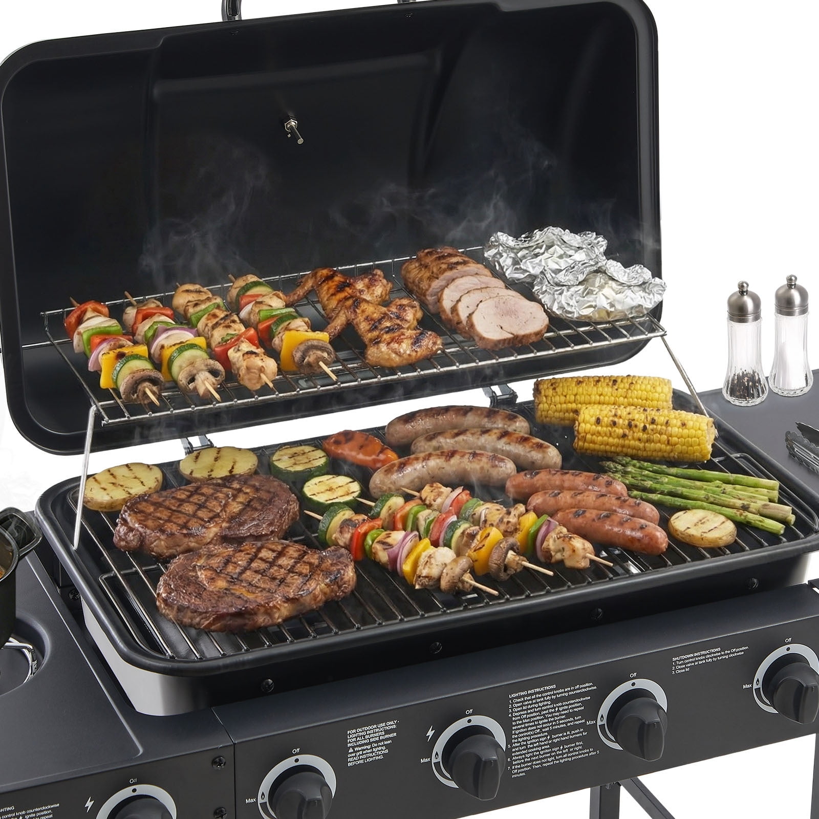YIYADO 4 Burner BBQ Propane Gas Grill, Stainless Steel Grill with Enamel Coated Grate and Side Table, 42000 BTU, Black