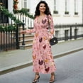 thumbnail image 4 of FKELYI Fall Maxi Dress for Women Long Sleeve A-Line Flowy Dresses with Side Pockets Pink Flower Rooster Print V Neck Casual Dress for Spring Winter, L, 4 of 6