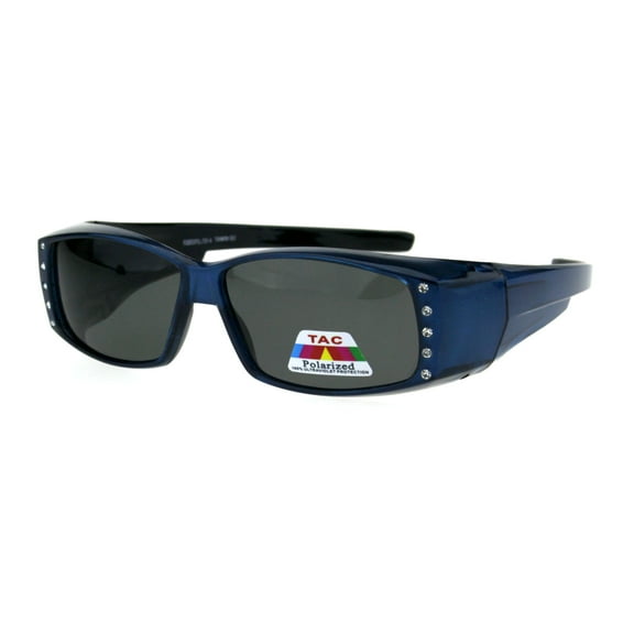 Polarized 57mm Womens Side Rhinestone Trim Narrow Rectangular Fit Over Sunglasses Blue Black