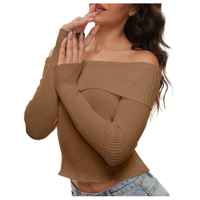 Women's Fall Off Shoulder Ribbed Knit Pullover Sweater Long Sleeve Fitted Tops Blouse Casual Comfortable Stylish