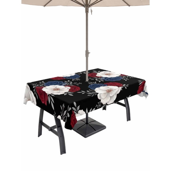 Outdoor Tablecloth with Umbrella Hole for Patio/Picnic/Party/Camping, Independence Day Waterproof Table Cloth Rectangle Table Cover Washable, Patriotic Floral Roses Blossom Leaves Black (60"x 102")