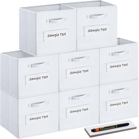 13x13 Inch Cube Storage Bins(Set of 8)-Basket Bins with 8 Labels Window Cards & a Pen - Collapsible Storage Organizer Boxes Cube For Nursery Home & Office-White