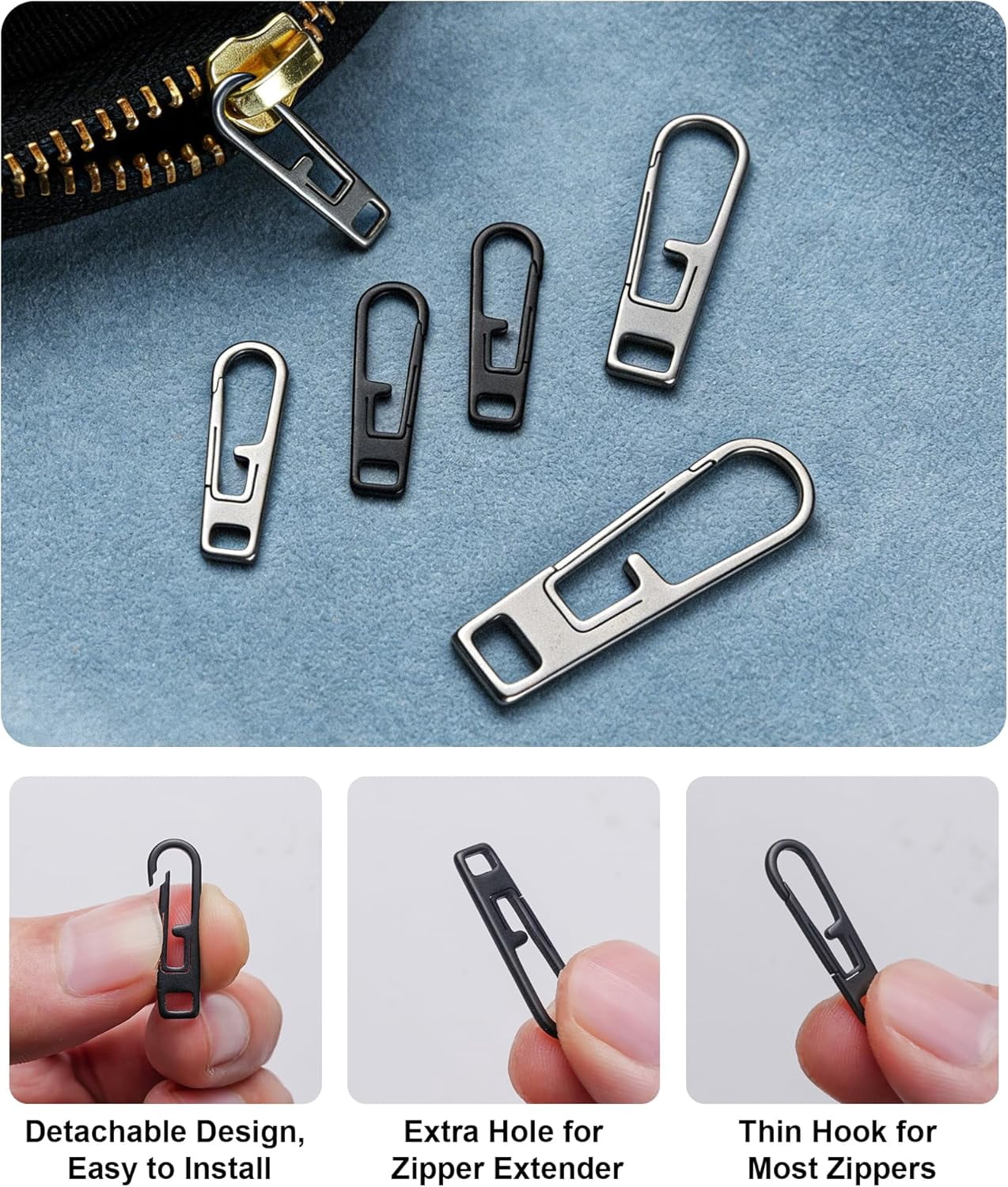VIPERADE VAT1 Heavy Duty Titanium Zipper Pulls Replacement, Universal Zipper Pull Tab Repair Kit for Jackets, Coats, Suitcases, Luggage, Backpacks, Handbags and EDC Pouches (6 Black, 2S+2M+2L)