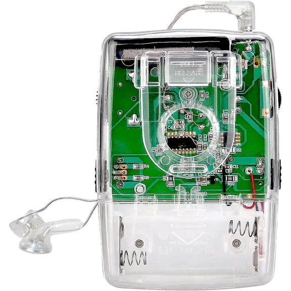 Pocket-Sized AM/FM Radio, Portable Clear Transistor Radio with Belt Clip & Crystal Headphone, AAA Battery Powered for Indoor/Outdoor, Teaching
