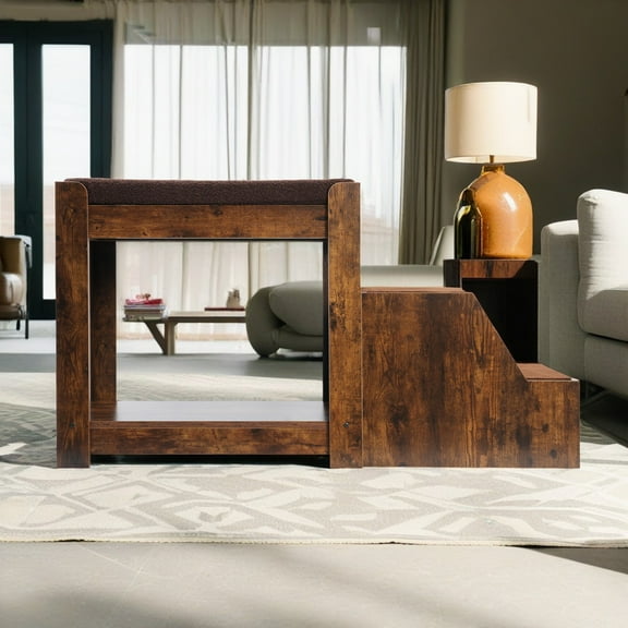 Pefilos 25" Tall Wood Pet Stairs, Pet Bunk Bed with Removable Step Dog Ramp for Car, Bed, Multi-Level Bed Window Perch Seat Platform, Brown