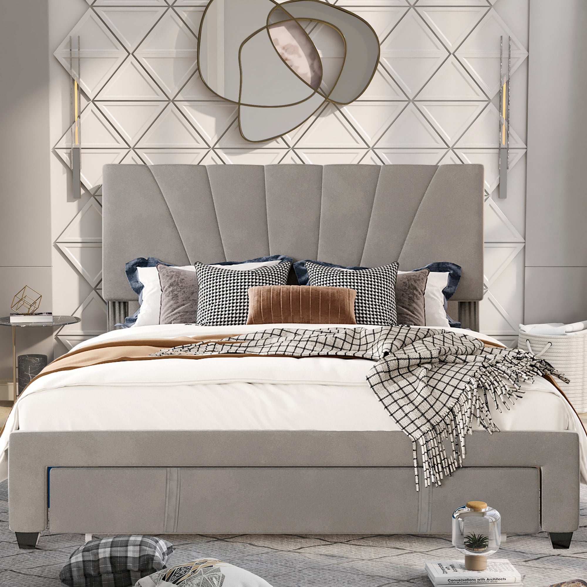 Buy Queen Bed Frame, New Upgraded Velvet Upholstered Platform Bed with