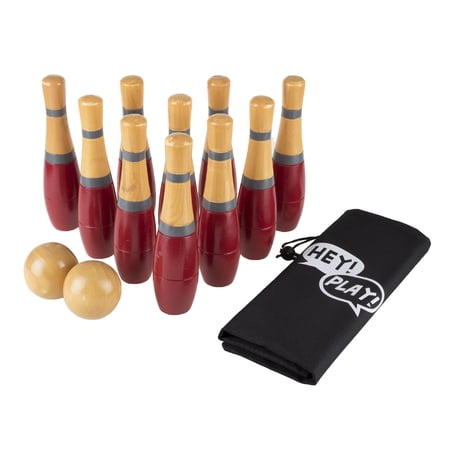Lawn Bowling Game/Skittle Ball- Indoor and Outdoor Fun for Toddlers, Kids, Adults –10 Wooden Pins, 2 Balls, and Mesh Bag Set by Hey! Play! (8 Inch)