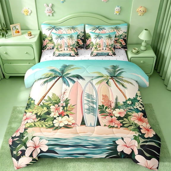 meiyoeat Hawaii Sea Beach 7 Pieces Full Size Bedding Sets For Kids,Pink Kawaii Floral Blossom Full Size Bed in a Bag For Girls,Reversible