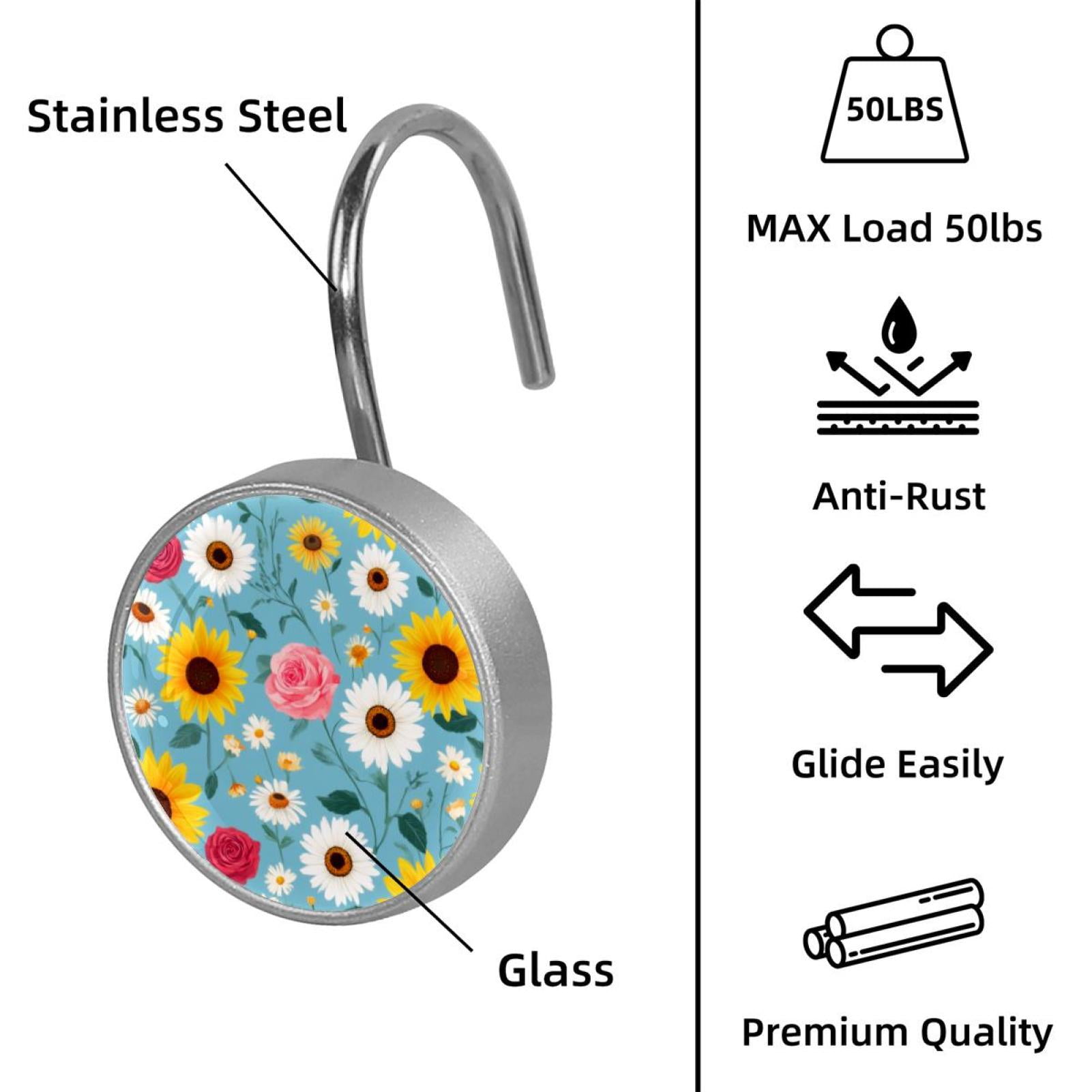 12pcs Decorative Shower Curtain Hooks, Rust Resistant Shower Rings for Bathroom Living Room,Rustproof Stainless Steel Rings for Shower Curtain and Liner Rods,Bohemia Style Flowers