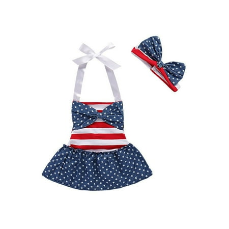 

EYIIYE Independence Day Kids Girl Tie Up Star/Stripe Print Halterneck Tank Top and Skirt Outfits