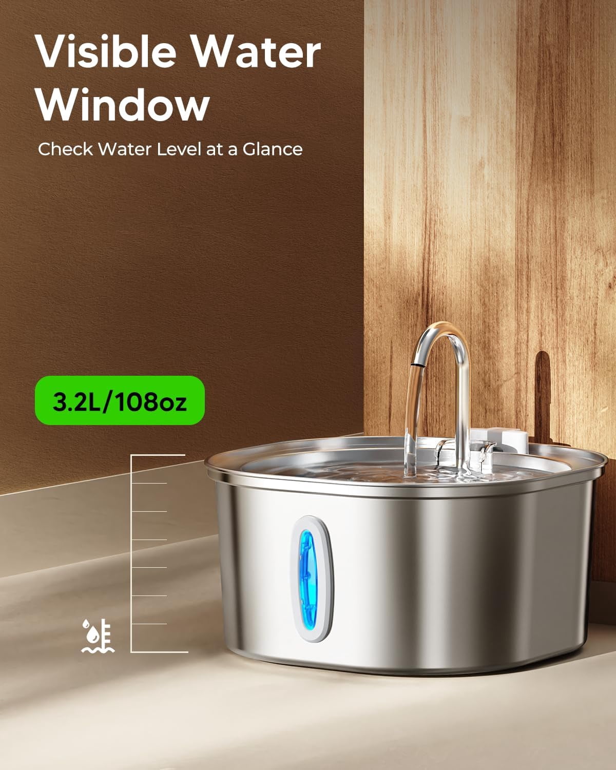 Stainless Steel Cat Water Fountain, 3.2L/108oz Pet Drinking Fountain with Quiet Pump, Dishwasher Safe