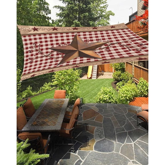 Western Texas Star Sun Shade Sail 6.5'X10' Vintage Rust Red Star Berry Red Plaid Wood Grain UV Block Outdoor Sail Shades Breathable Waterproof Rectangular Sunshade for Patio Garden Pool Pergola Porch