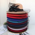 thumbnail image 3 of Sombrero de lana de ala grande para otoño e invierno, sombrero de fieltro retro británico, sombrero de copa de malla con flores para banquetes, 3 of 6