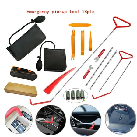 

18pcs Car Tools Kit with 4 long reach grabbers 2 air bag pumps 4 trim removal tools 4 fastener nuts 2 wrenches 1 injury free wedge 1 tool case bag 1 manual