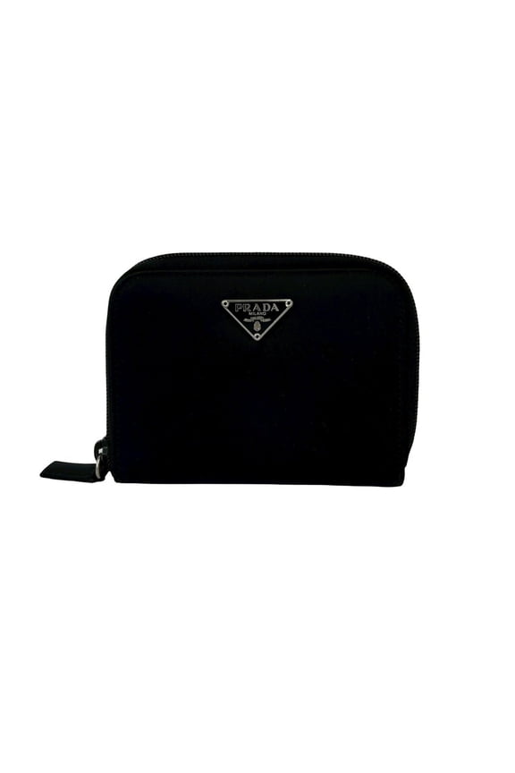 Pre-Owned PRADA Triangle Logo Hardware Tessuto Nylon Saffiano Leather Round Zip Bi-fold Wallet...