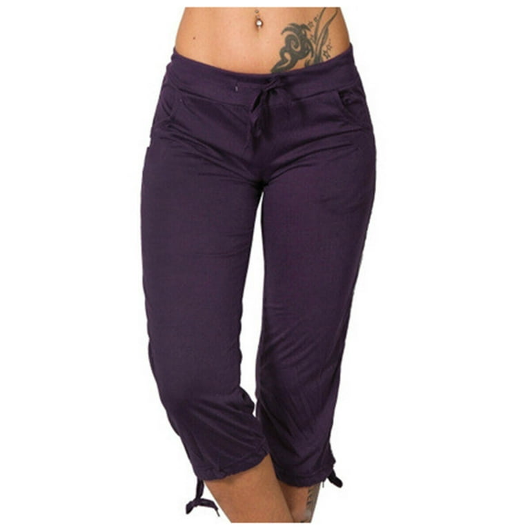 RYRJJ Women's Sweatpants Capri Pants Solid Cropped Jogger Running Pants  Lounge Loose Fit Drawstring Waist with Side Pockets(02#Purple,XL)
