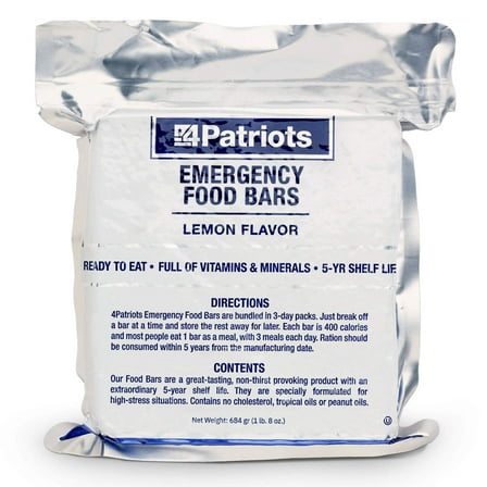 4Patriots Emergency Food Bars: Non-Perishable S.O.S Rations Designed to Last 5 Years - 3,600 Total Calories - 1 Pack of 9 Lemon-Flavored Survival Bars for Emergencies, Camping, or Hiking