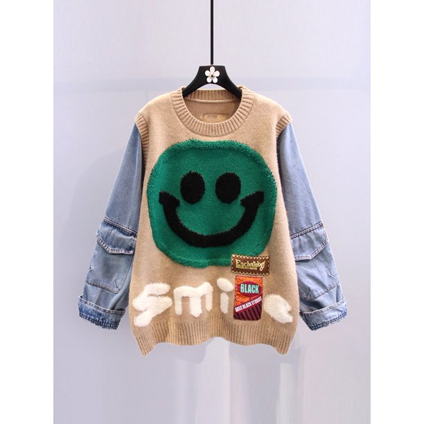 Suéter holgado con cara sonriente para mujer, Tops de manga vaquera con cuello redondo, jerséis, ropa de calle de moda de invierno, prendas de punto elegantes y elegantes