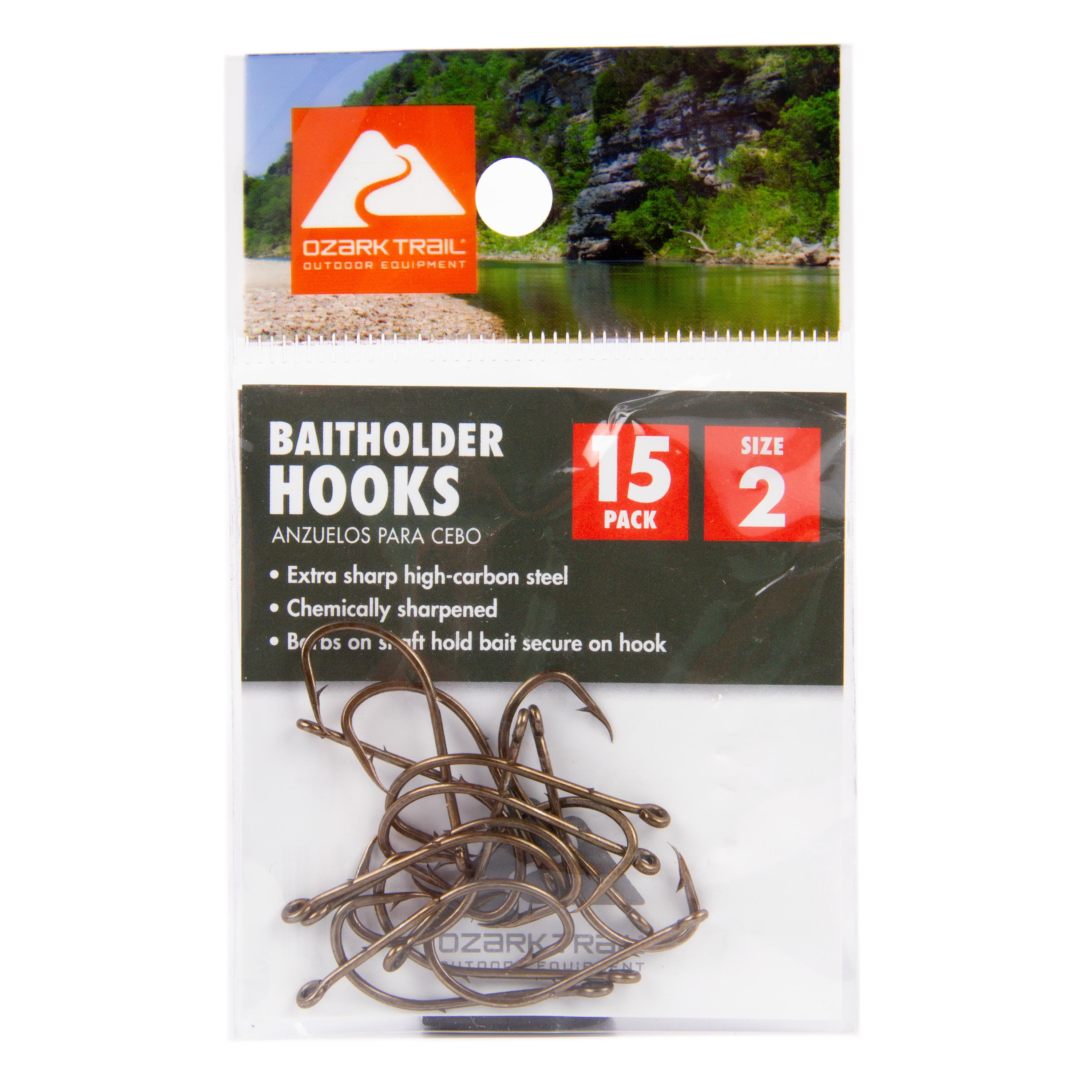 (6 pack) Ozark Trail Bronze Baitholder Light Wire Fishing Hooks Size 2 - 15 Pack