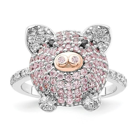 Auriga 925 Sterling Silver and Rose Gold-plated Black Pink and White CZ Pig Ring for Women Size 5