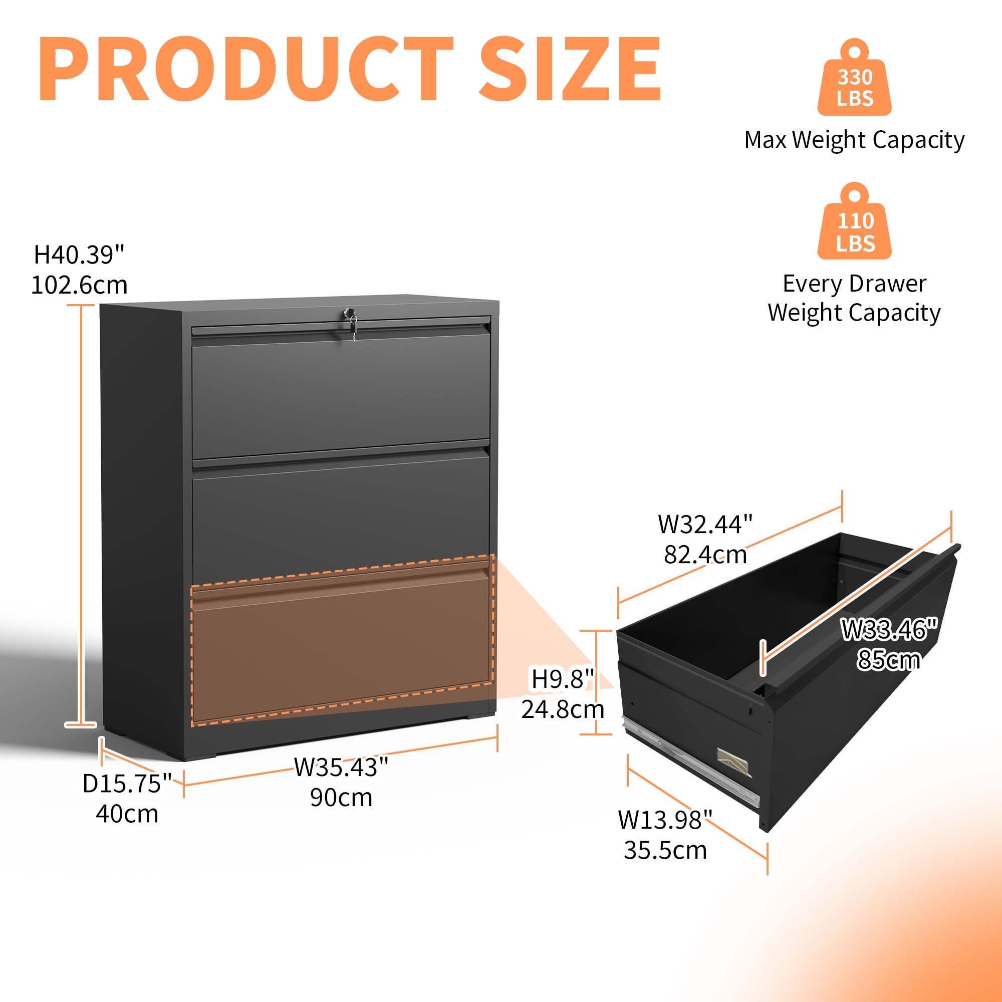 3 Drawer Lateral File Cabinet, 35.4 Inch Wide Metal Filing Cabinet, Locking Heavy Duty File Cabinet for Home Office, Anti-Tip Safety Interlock, Vertical Storage for Letter/Legal/A4 Files, Black