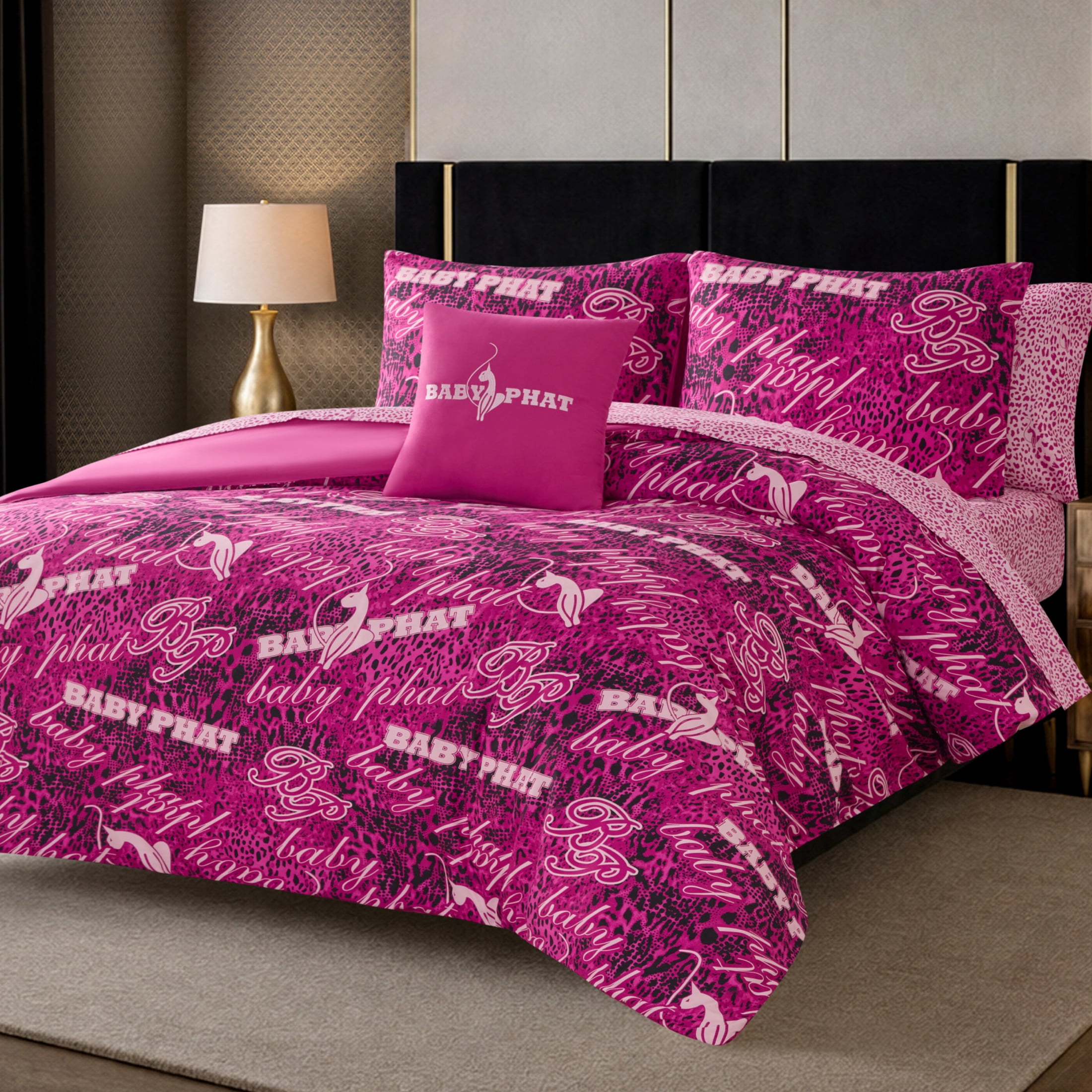 Baby Phat Tossed Logo 8-Piece Reversible Comforter Bed in a Bag, Pink, King