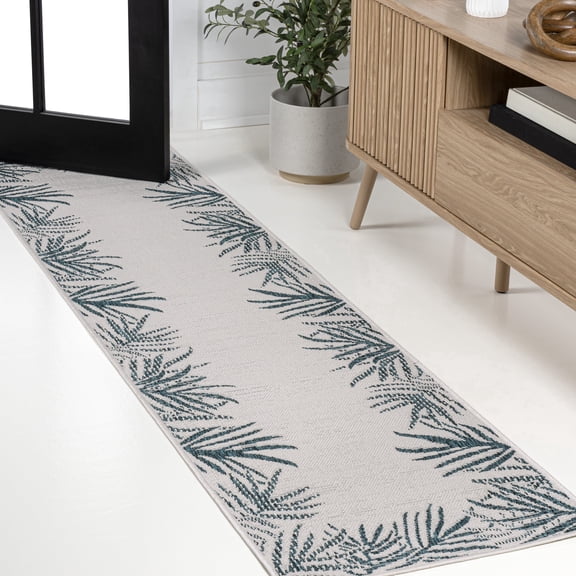 JONATHAN Y TUSCAN SUN 2 x 8 Runner Rug, Isla Coastal Cottage Palm Frond Border - Blue/Cream, TSN207C-28