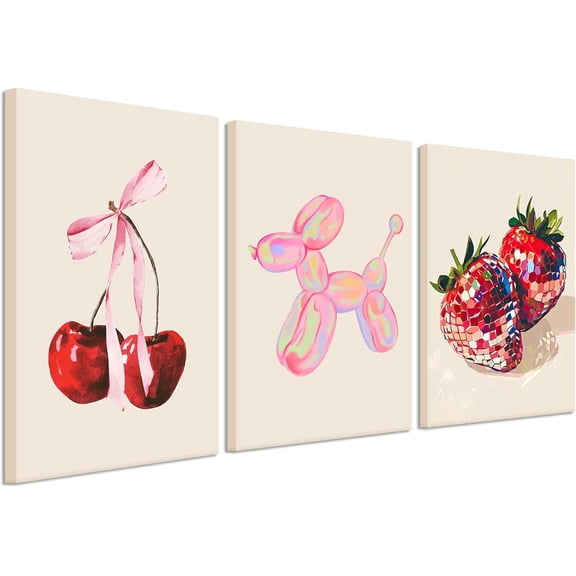 Funky Pink Fruit Posters Wall Art Set of 3, Red Disco Strawberry and Cherry Wall Decor Painting, Cute Preppy Balloon Dog Canvas Prints for Living Room Girls Bedroom Home Decor 16x24 In Unframed