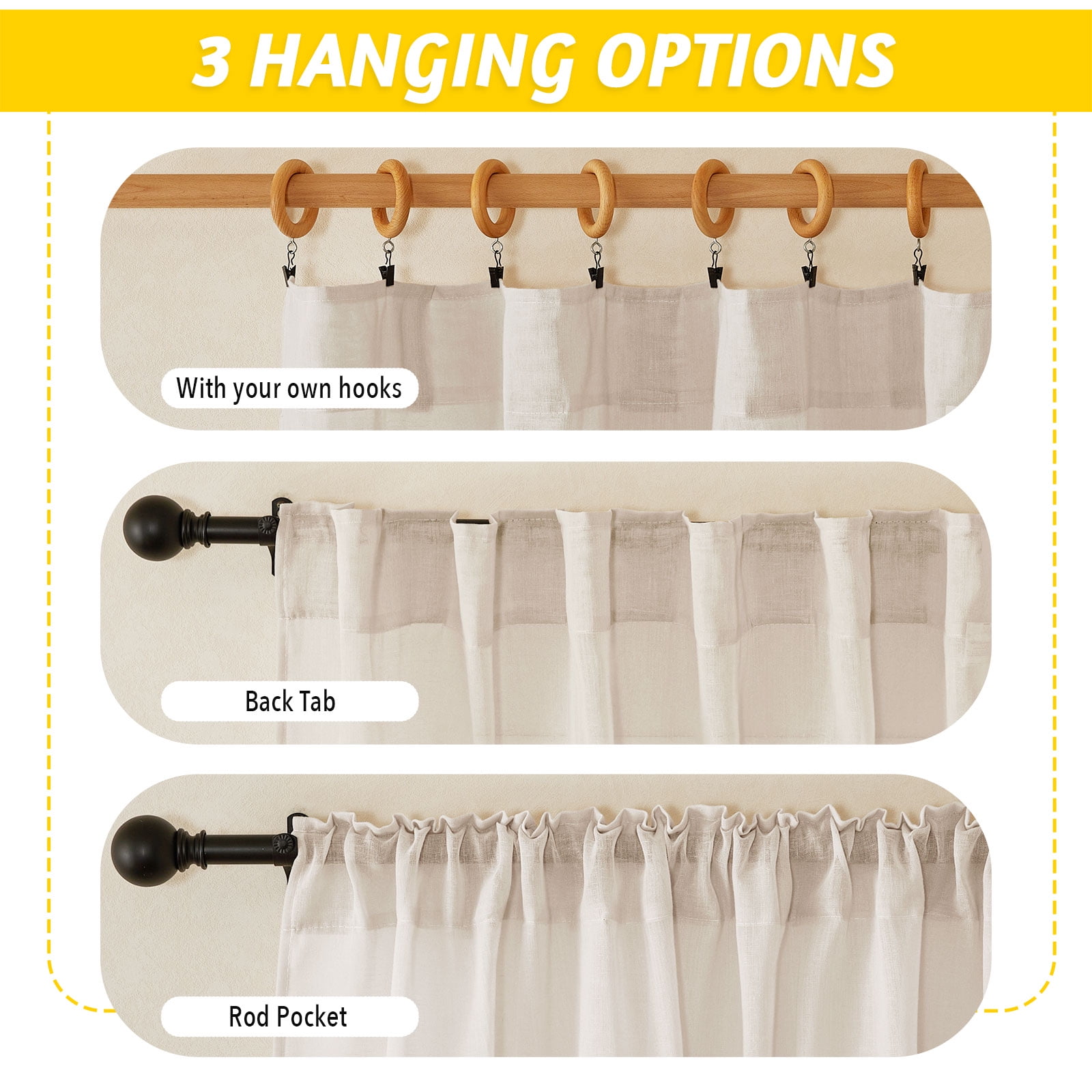 NICETOWN Sheer Linen Curtains for Dining Room, Rod Pocket & Back Tab Privacy Vertical Window Drapes with Light Filtering for Living Room, 52"x 95", Beige, 2 Panels