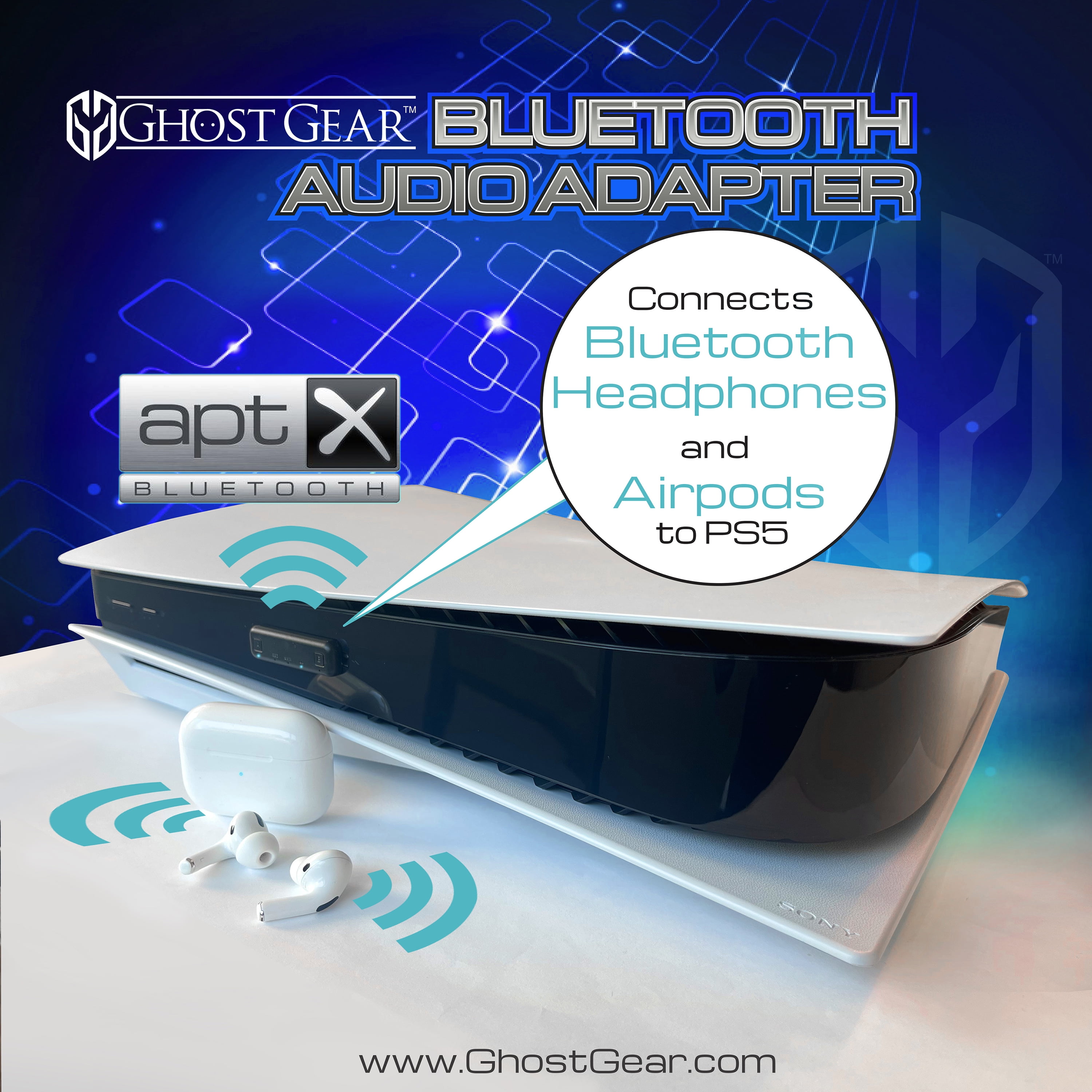 PS5 Bluetooth Adapter with aptX™ Low Latency support for connecting headphone to PS5, PS4 and PC